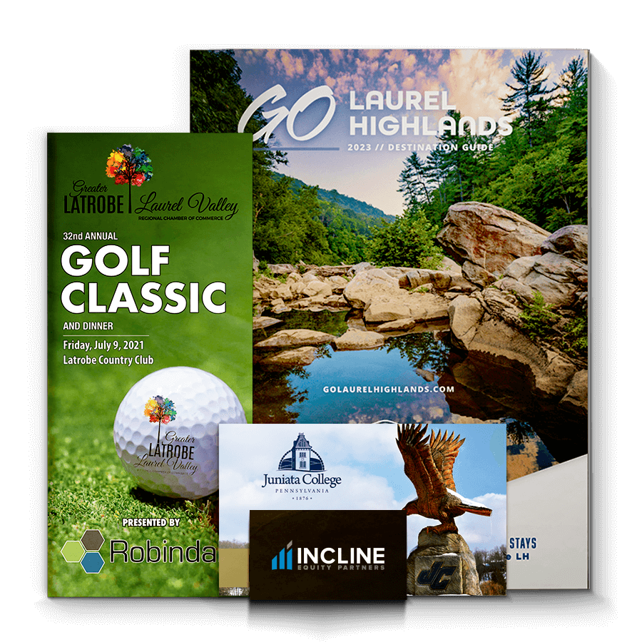 Laurel Valley Graphics printing company samples golf brochure, business card, catalog, postcard